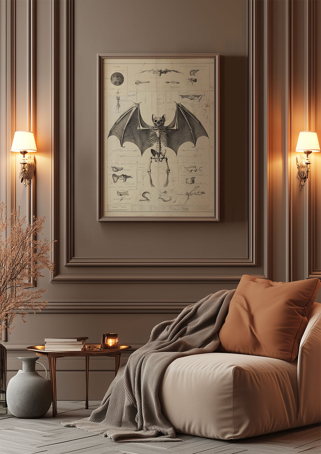 Affiche cabinet de curiosités dessin d'un squelette de chiroptère encadrée dans un salon.
