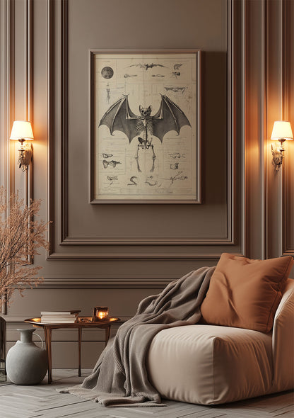 Affiche cabinet de curiosités dessin d'un squelette de chiroptère encadrée dans un salon.