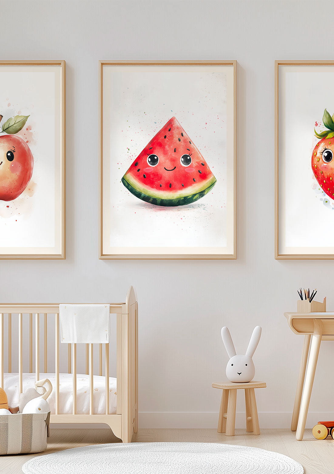 Affiche pour chambre bébé d'une pastèque, encadrée entre deux autres affiches dans une chambre.