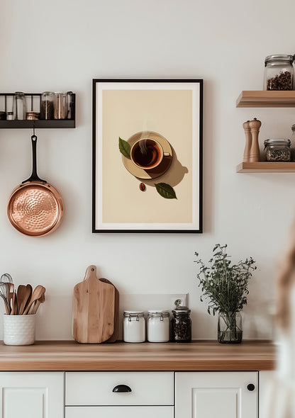 Mise en situation de l'affiche cuisine tasse de café minimaliste, au dessus d'un meuble.