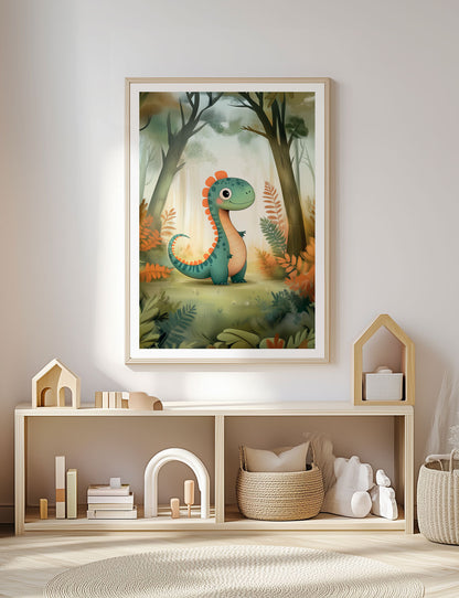 Affiche pour chambre d'enfant d'un dinosaure dans foret, encadrée sur le mur d'une salle de jeux.