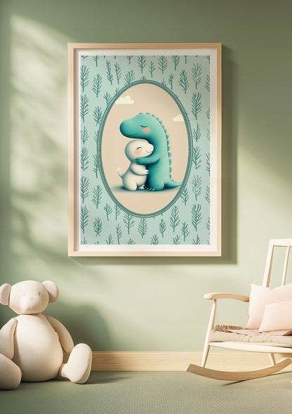 L'affiche chambre enfant des dinosaures sur fond bleu, encadrée dans une chambre.