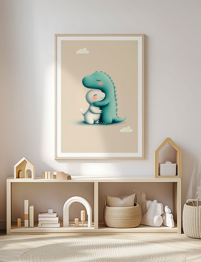 L'affiche chambre enfant des dinosaures sur fond clair, encadrée dans une chambre.