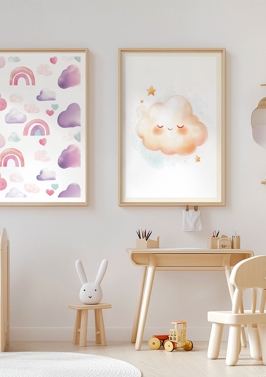 Affiche pour chambre bébé nuage aquarelle encadrée à coté d'une autre affiche.