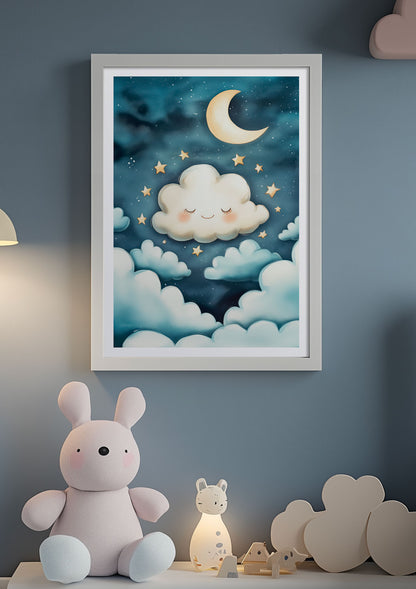 Affiche pour chambre bébé nuages dans la nuit étoilée encadrée dans chambre enfant.