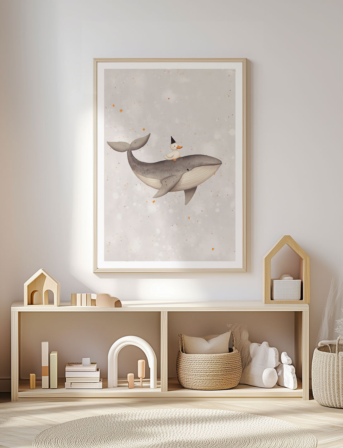 Affiche chambre enfant baleine et canard encadrée dans une salle de jeux.
