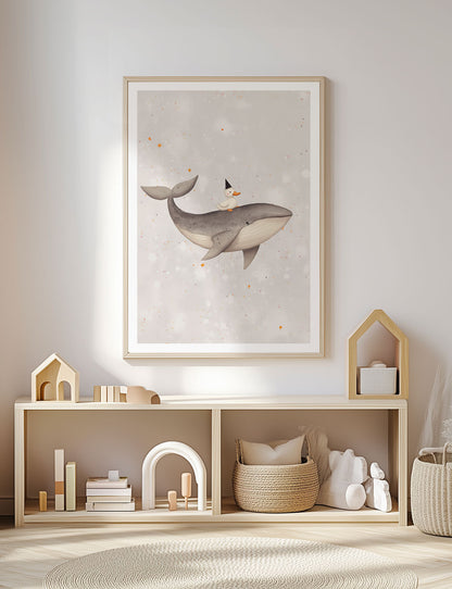 Affiche chambre enfant baleine et canard encadrée dans une salle de jeux.