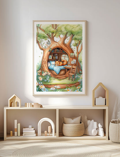 Affiche chambre enfant de l'écureuil dans sa maison, encadrée sur le mur d'une salle de jeux.