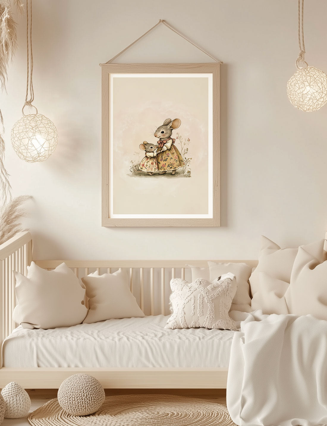Affiche chambre enfant maman et petite fille souris encadrée au dessus d'un lit.