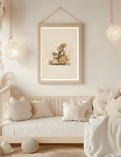 Affiche chambre enfant maman et petite fille souris encadrée au dessus d'un lit.