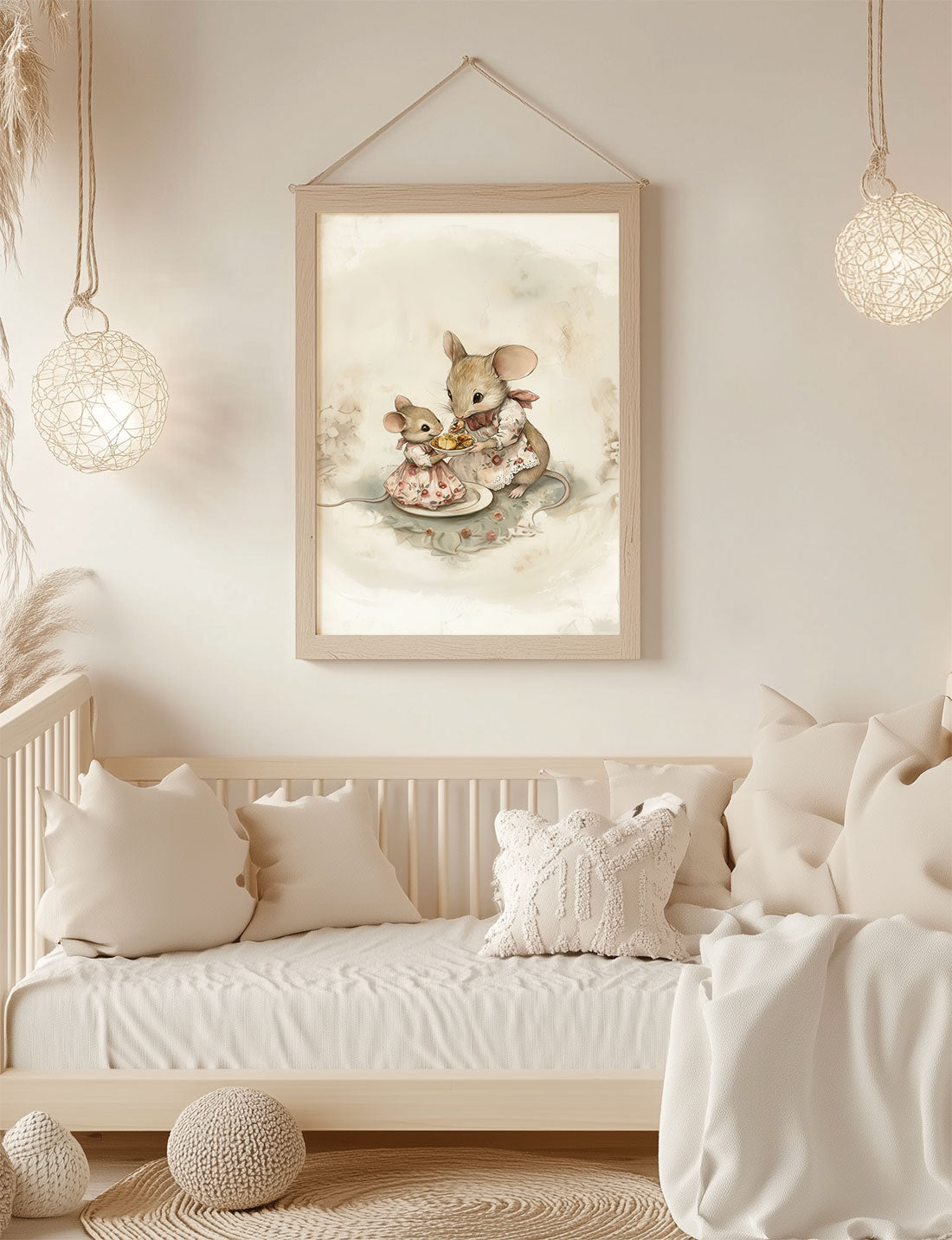 Affiche chambre enfant d'une maman souris et sa fille encadrée au dessus d'un lit.