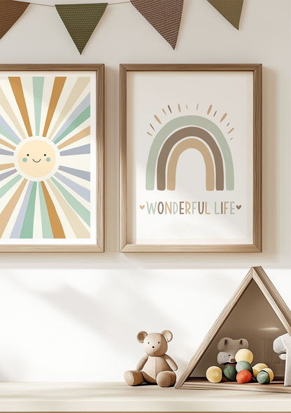 Mise en situation de l'affiche pour chambre bébé arc-en-ciel vert pastel à coté d'une autre affiche.