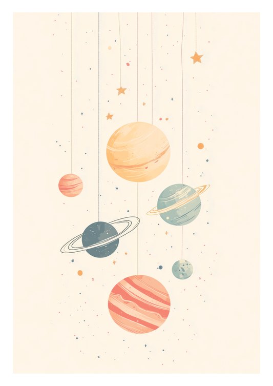 Affiche chambre enfant de planètes suspendues par des fils sur fond blanc.