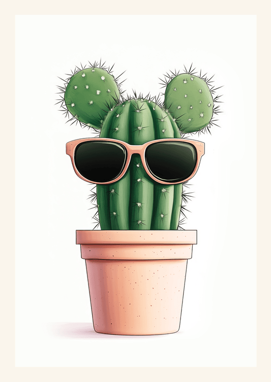 Affiche chambre enfant d'un cactus dans un pot et aux lunettes de soleil sur fond blanc.