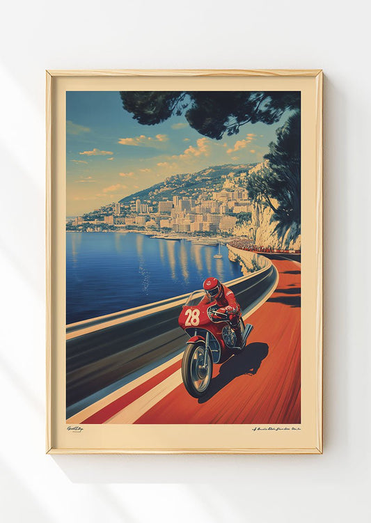 Poster vintage illustration d'une course de moto sur les routes de Monaco dans un cadre en bois.