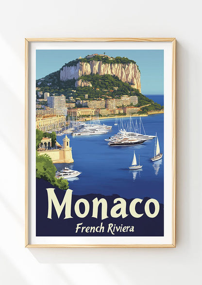 Poster vintage d'une illustration du port de Monaco, dans un cadre en bois