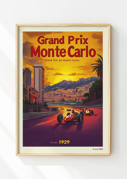 Poster vintage du grand prix de Monte-Carlo de 1929 dans un cadre en bois.