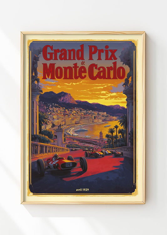 Poster vintage du grand prix de Monte Carlo dans un cadre en bois.