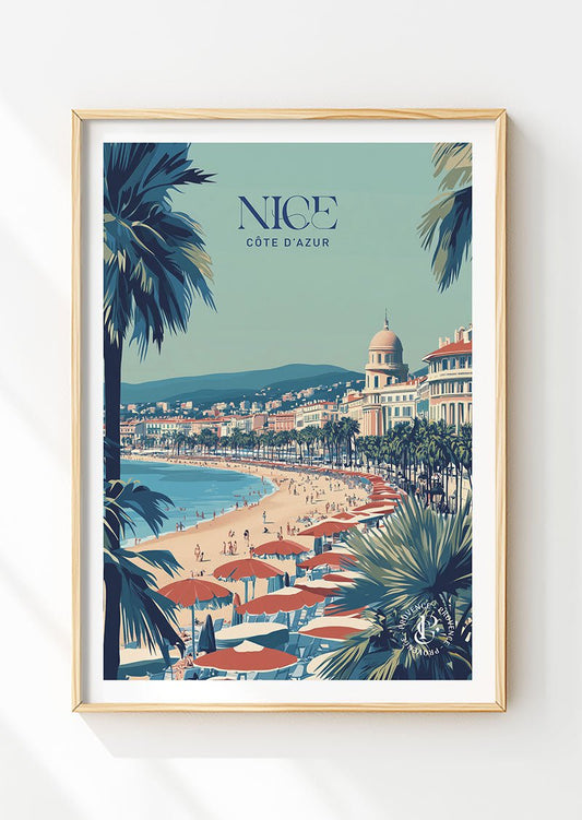 Poster vintage illustration de la plage de Nice, dans un cadre en bois