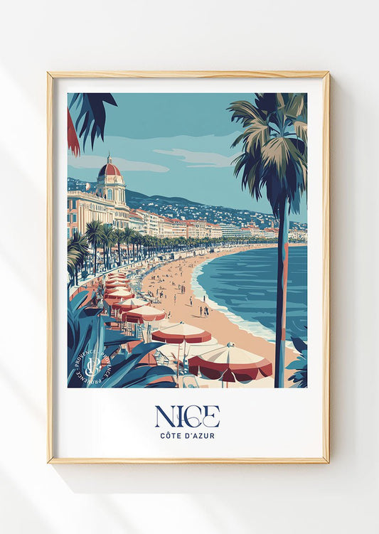 Poster vintage illustration de la Promenade des Anglais, de Nice, encadré dans un cadre.