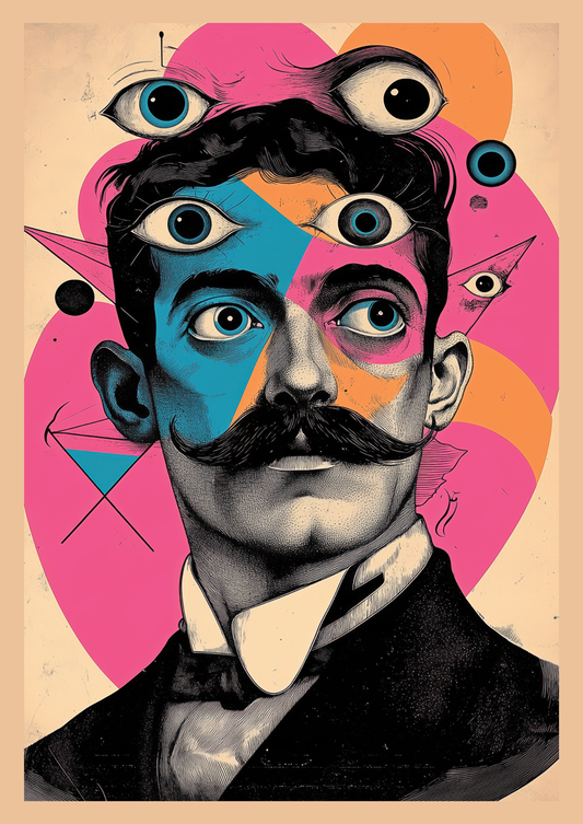 Affiche murale surréaliste homme avec une moustache, entouré d'yeux, fond coloré rose. 