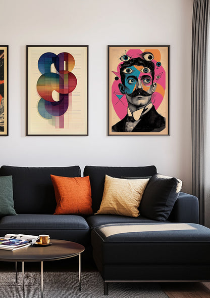 Duo d'affiches colorées mises en situation dans un salon.