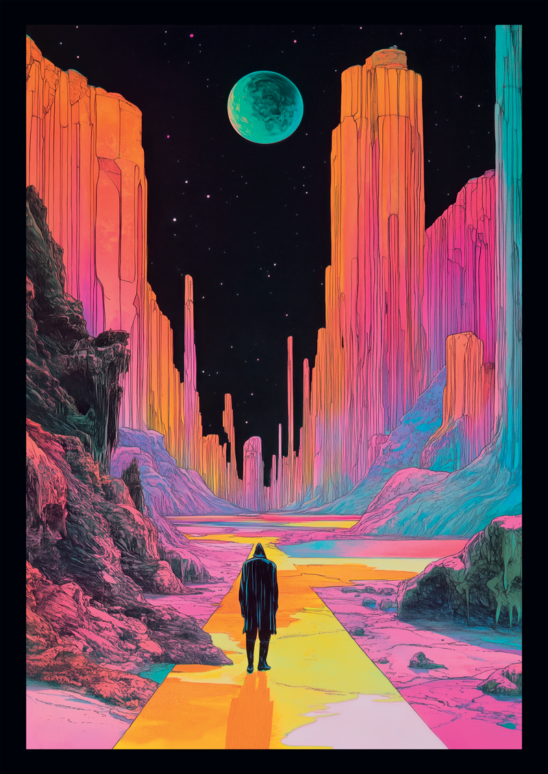 Affiche vintage science-fiction d'un homme au milieu de falaises, teintes roses et bleues.
