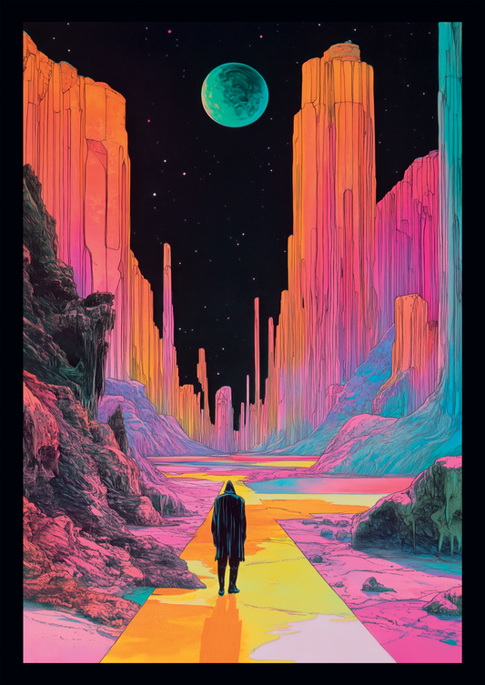 Affiche vintage science-fiction d'un homme au milieu de falaises, teintes roses et bleues.
