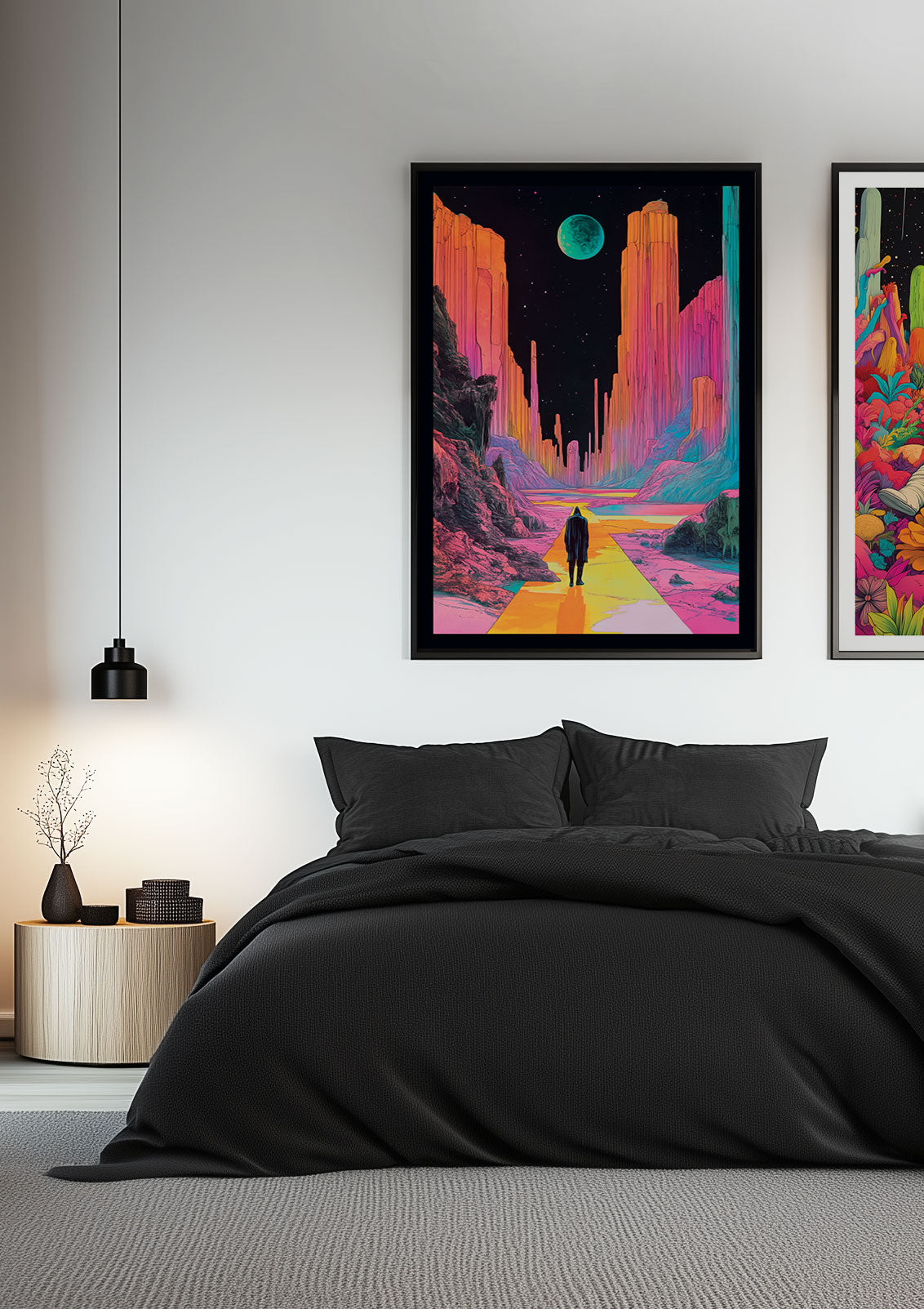 Affiche de l'homme et des falaises colorées encadrée au dessus d'un lit.