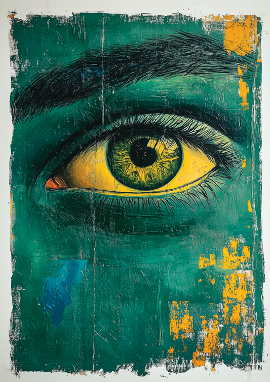 Affiche murale peinture gros plan visage, focus sur un œil, aux tons verts et jaune.