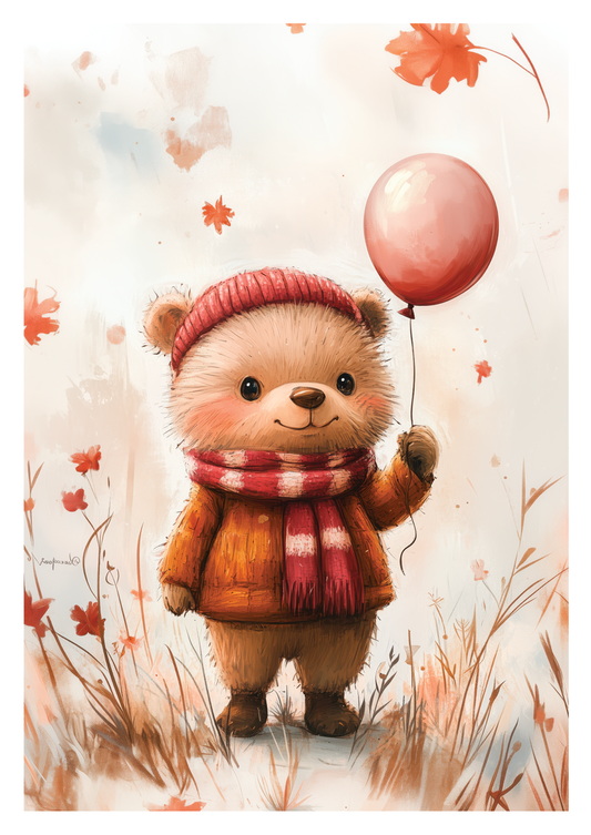 affiche chambre enfant ours avec écharpe et bonnet tenant un ballon, dans un champ