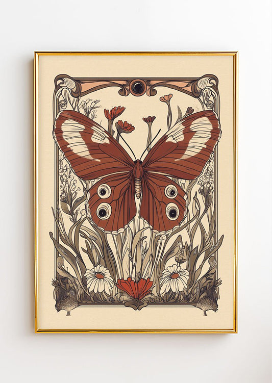 Poster art déco 1930 dans un cadre en or représentant un papillon avec un ornement végétal 