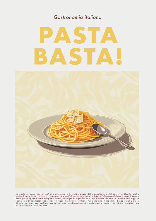 Affiche cuisine vintage assiette de pâtes au beurre, avec son texte en italien.