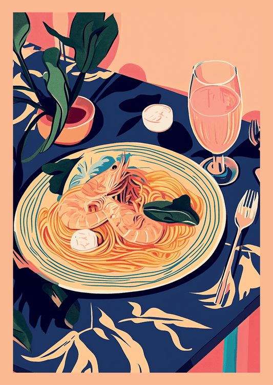 Affiche cuisine pâtes aux crevettes dans des tons de rose et bleu.