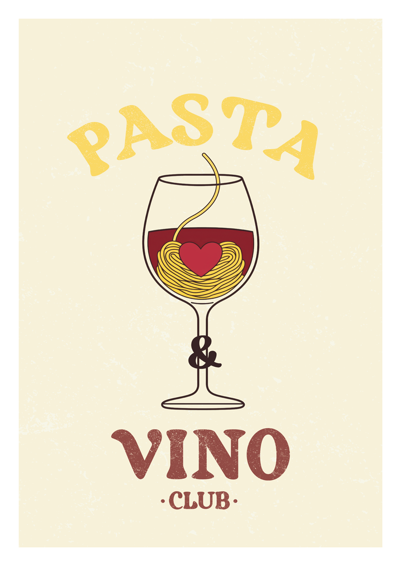 Affiche cuisine vintage verre de vin avec des pâtes dedans et un cœur, texte en italien.