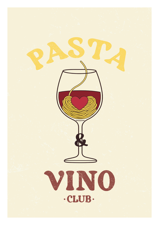 Affiche cuisine vintage verre de vin avec des pâtes dedans et un cœur, texte en italien.