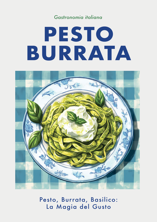 Affiche cuisine vintage pâtes pesto burrata, sur nappe bleue avec son texte en italien.