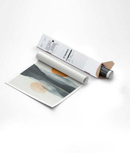Emballage de l'affiche illustration paysage montagneux dans un carton triangulaire.