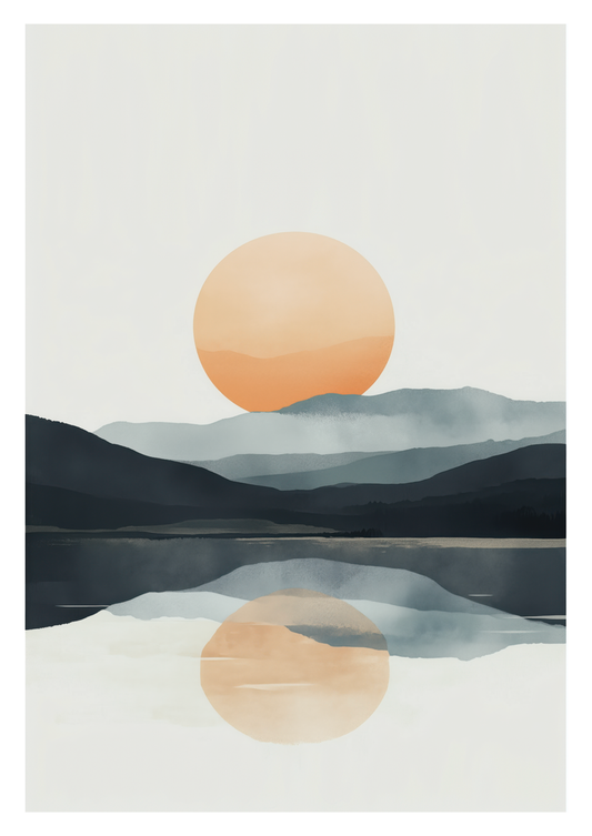 Affiche illustration aquarelle d'un paysage montagneux avec un soleil reflétant sur un lac.
