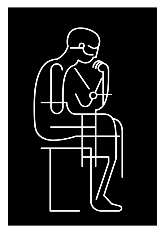 Affiche bauhaus d'une interprétation du Penseur de Rodin, blanc sur noir.