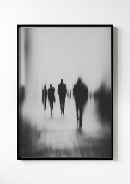 affiche photographie noir et blanc de personne marchant, dans un cadre noir 