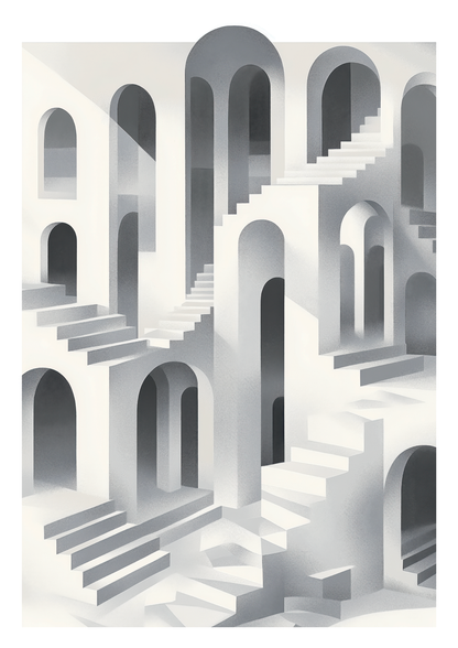 Affiche murale contemporaine espace géométrique blanc et gris, escaliers et arches.