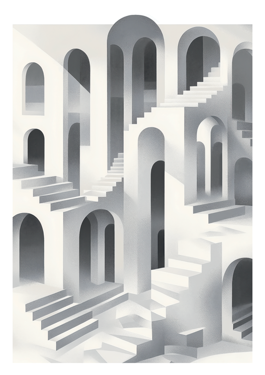 Affiche murale contemporaine espace géométrique blanc et gris, escaliers et arches.