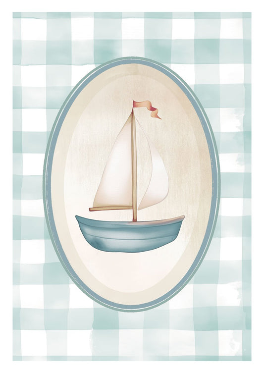 Affiche chambre enfant d'un petit bateau sur fond vichy, au coloris bleu.