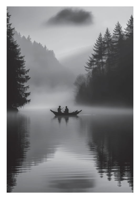 Poster photo en noir et bleu de deux homme dans une pirogue, sur un lac.