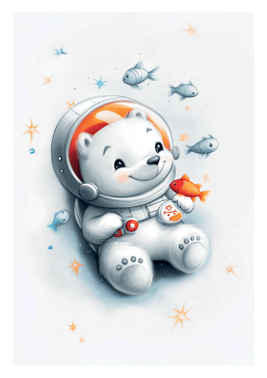 Affiche pour chambre bébé ours polaire cosmonaute avec poissons, sur fond blanc.