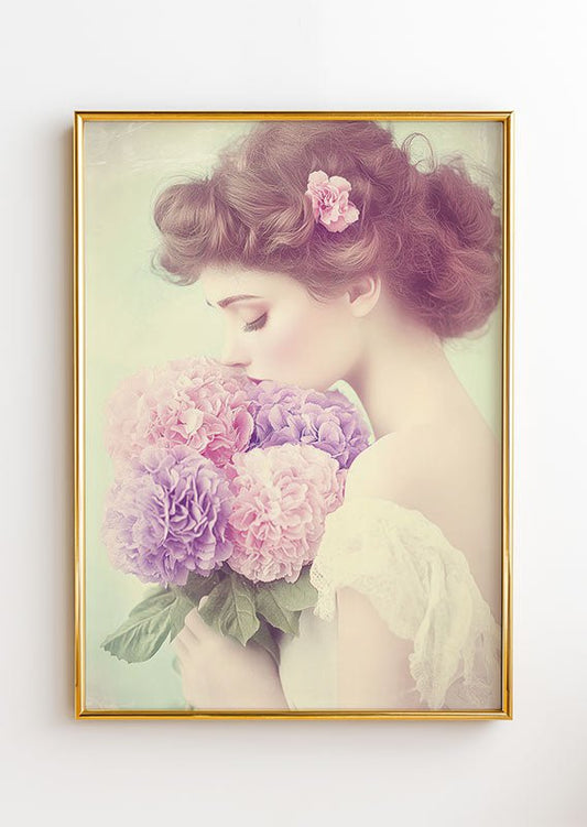 Affiche Art Déco 1930 d'un poster photo représentant une femme dans un cadre or