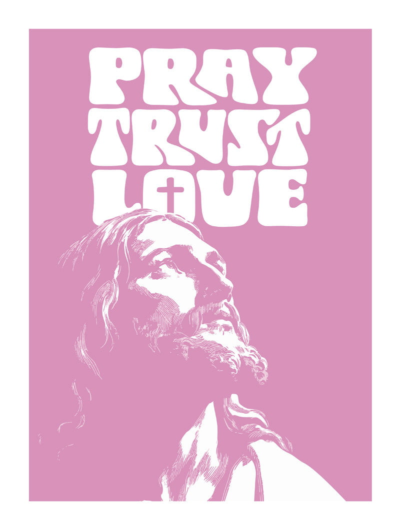 Poster bible "pray trust love" en coloris rose et blanc, taille 30x40cm