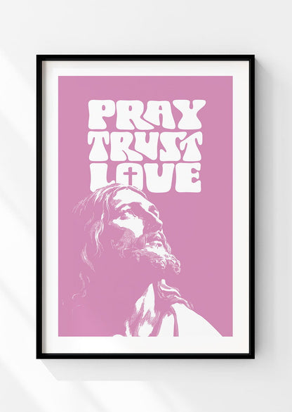 affiche chrétienne de jésus christ en rose et blanc avec typo dans un cadre noir