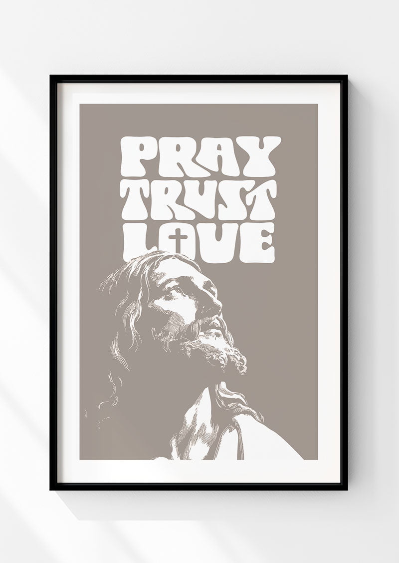 affiche chrétienne illustrant jésus et un texte en anglais en couleur sable, dans un cadre